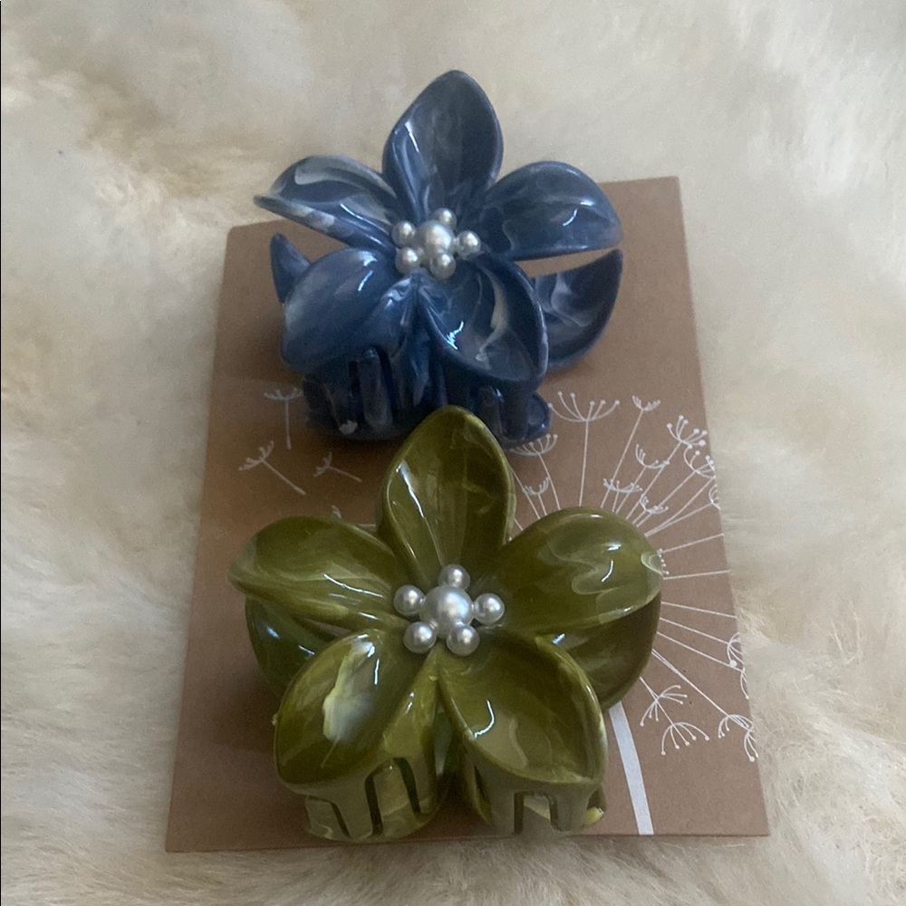Flower Pearl Center Hair Claw Clips - Olive Green & Slate Blue